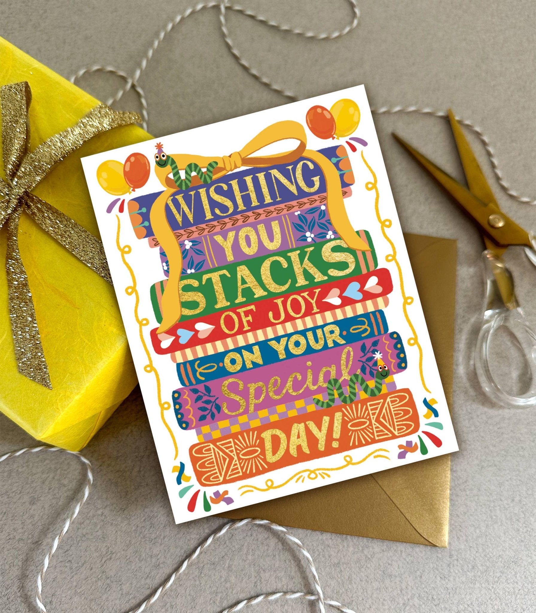 Stacks of Joy Birthday Card - Spiral Circle