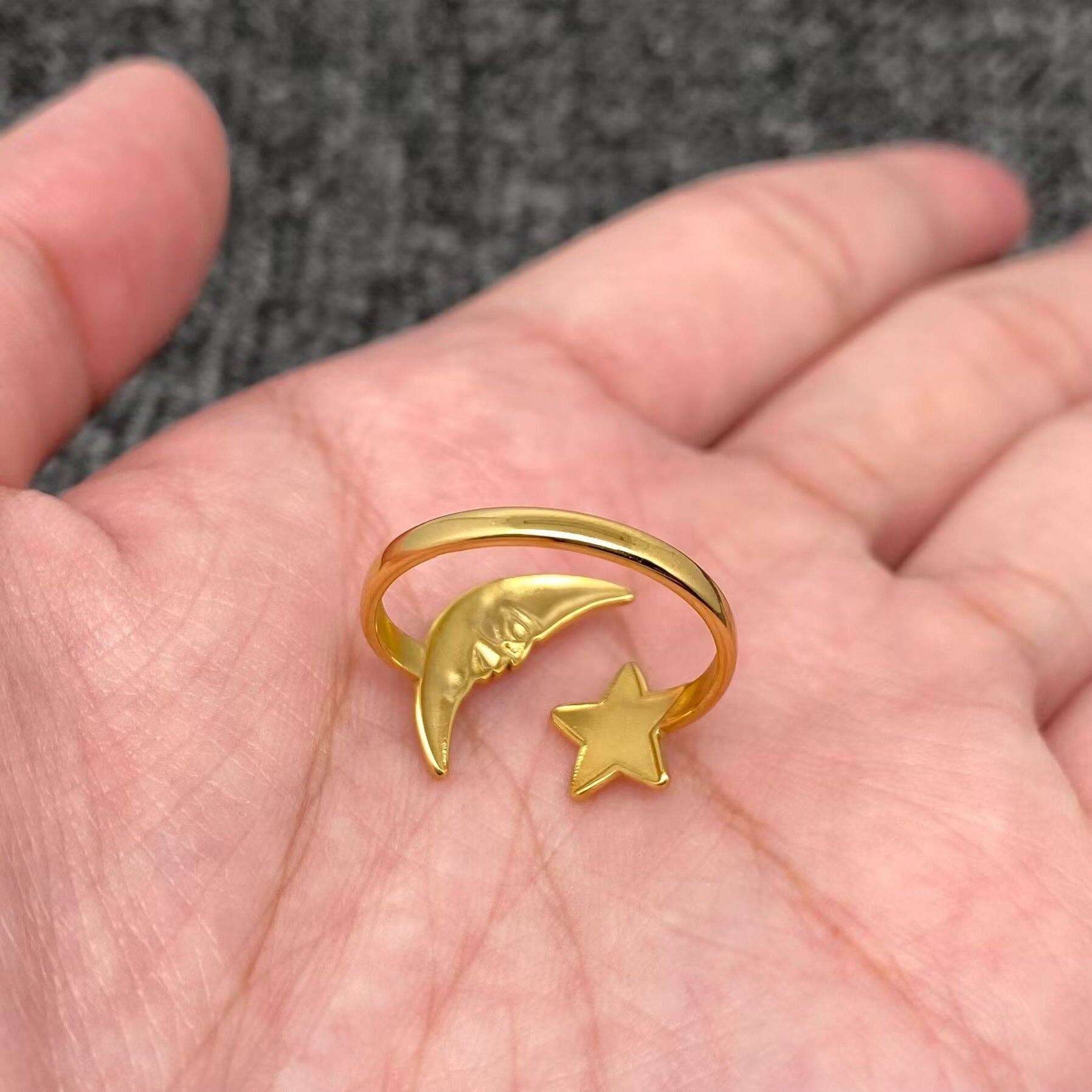 Star Moon 18K Gold Plated S.Steel Adjustable Ring - FGS/MS - Spiral Circle