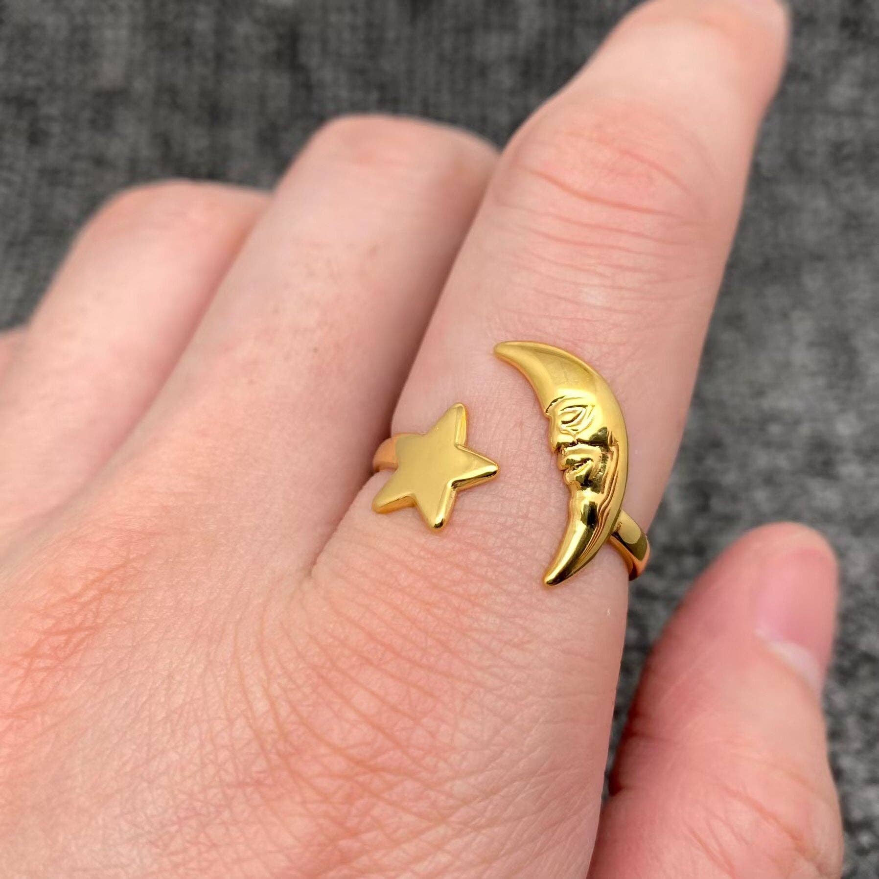 Star Moon 18K Gold Plated S.Steel Adjustable Ring - FGS/MS - Spiral Circle