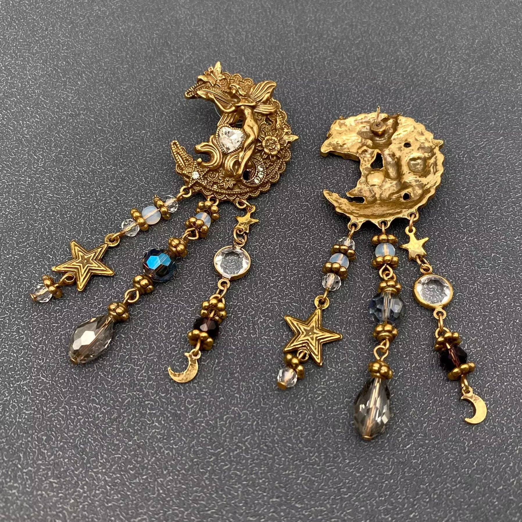 Star & Moon Fringe Angel Earrings - Spiral Circle