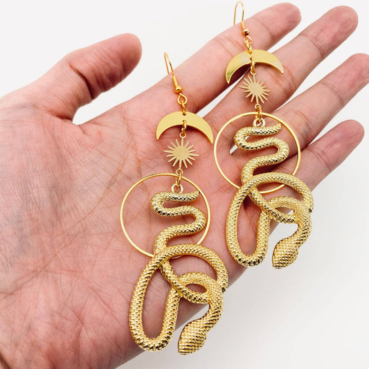 Star Moon Snake Pendant Earrings - MS - Spiral Circle