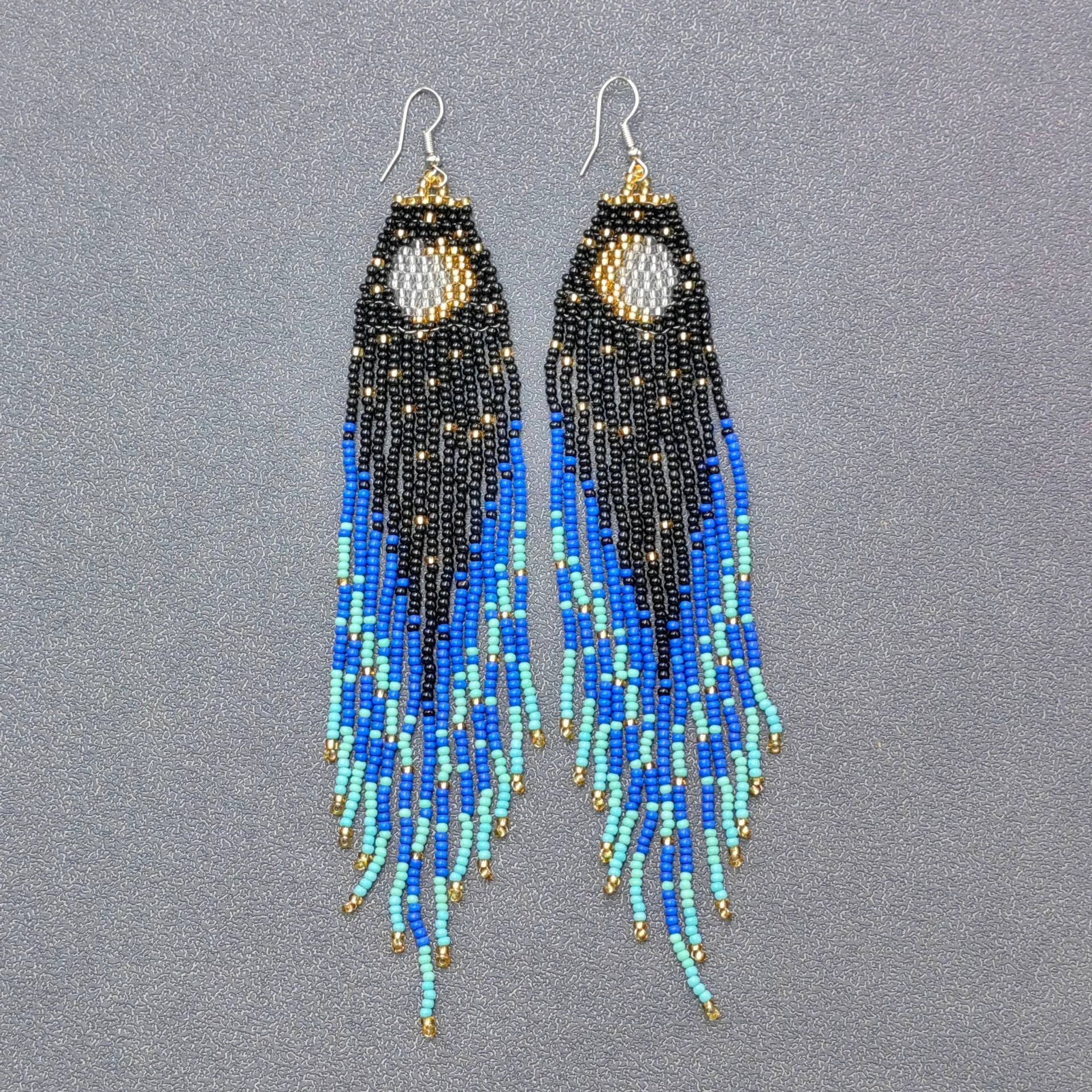 Starry Sky Seed Beads Long Tassel Earrings - SB/MS - Spiral Circle