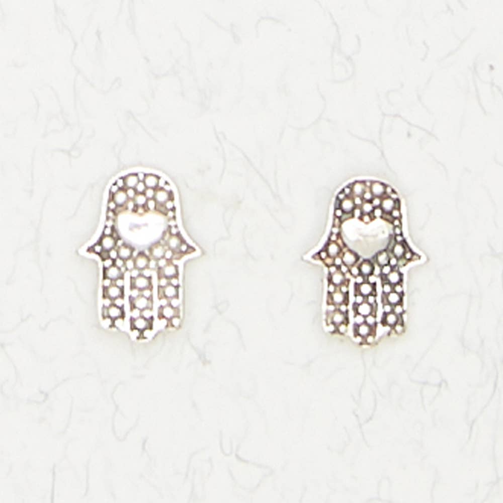 Sterling Silver Ear Studs - Hamsa with Heart - Spiral Circle