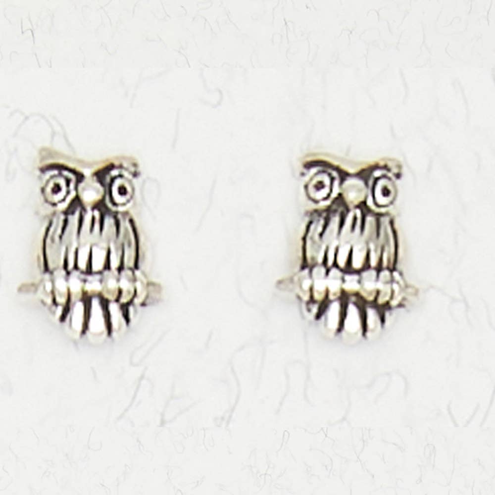 Sterling Silver Ear Studs - Owl - Spiral Circle