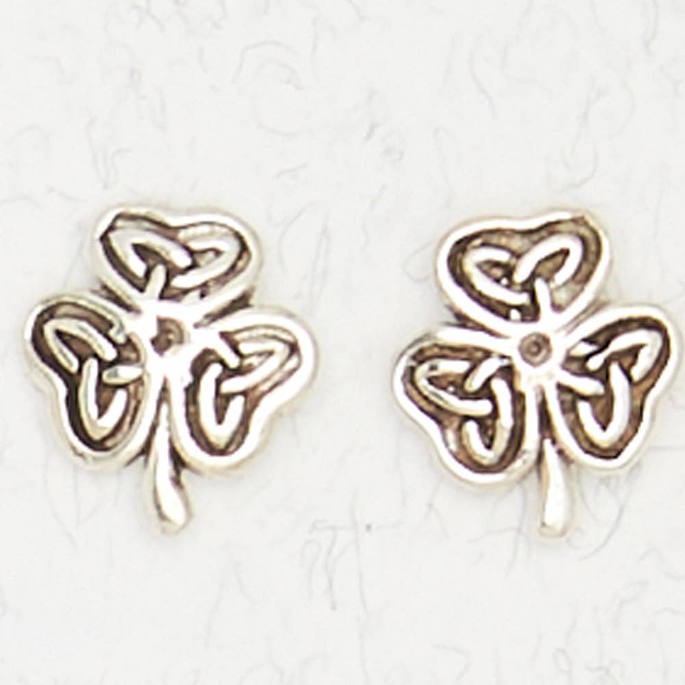 Sterling Silver Ear Studs - Shamrock with Trinity Knot - Spiral Circle