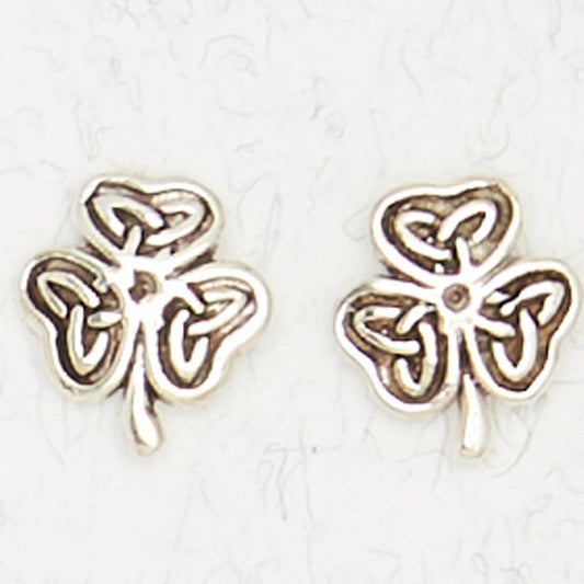 Sterling Silver Ear Studs - Shamrock with Trinity Knot - Spiral Circle