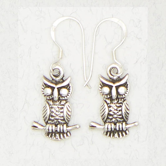 Sterling Silver Earrings - Owl on Branch - Spiral Circle