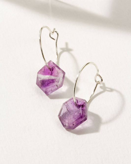 Sterling Silver Geometry Mini Hoop Earrings - Amethyst - Spiral Circle
