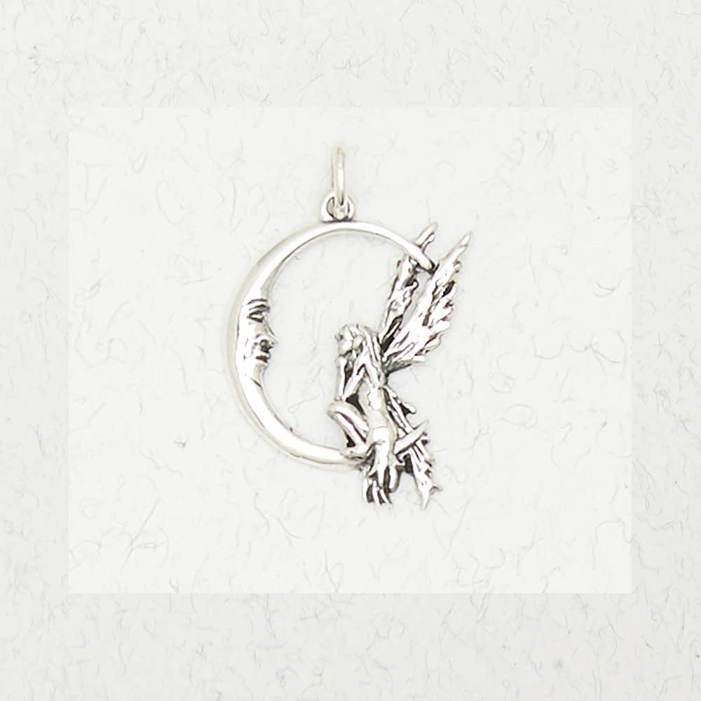 Sterling Silver Pendant - Fairy On Moon (small) - Spiral Circle