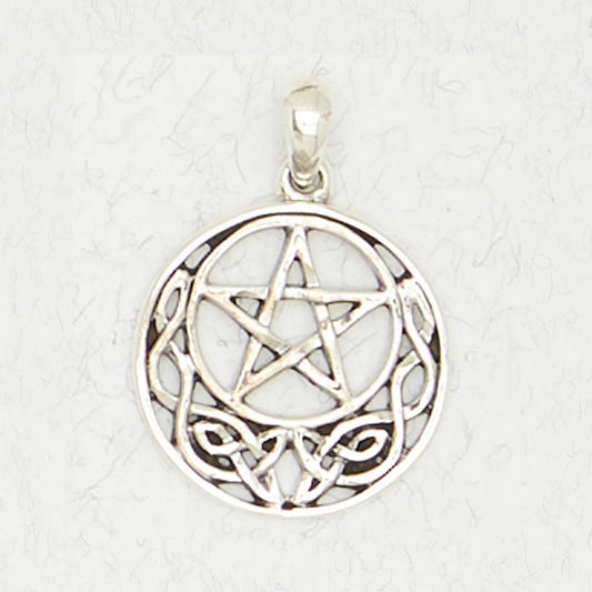Sterling Silver Pendant - Pentacle with Celtic Weave - Spiral Circle