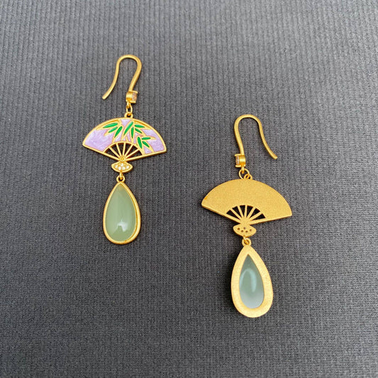 Stone Inlaid Bamboo Fan Dangle Earrings - Spiral Circle