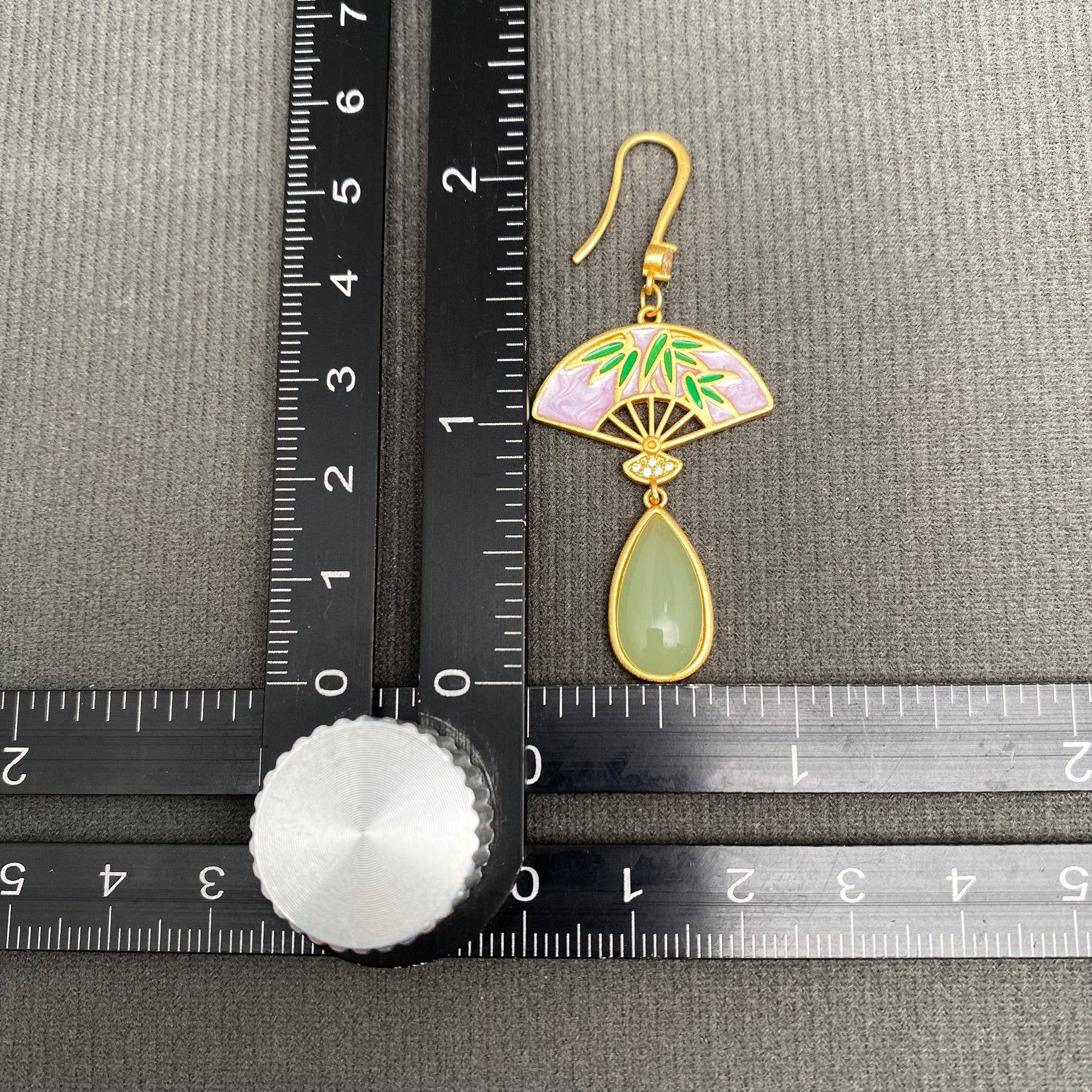 Stone Inlaid Bamboo Fan Dangle Earrings - Spiral Circle