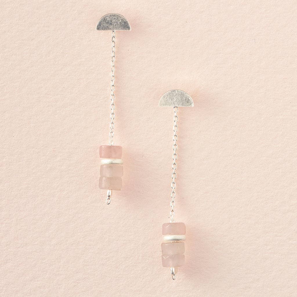 Stone Meteor Thread/Jacket Earring - Rose Quartz/Silver - Spiral Circle