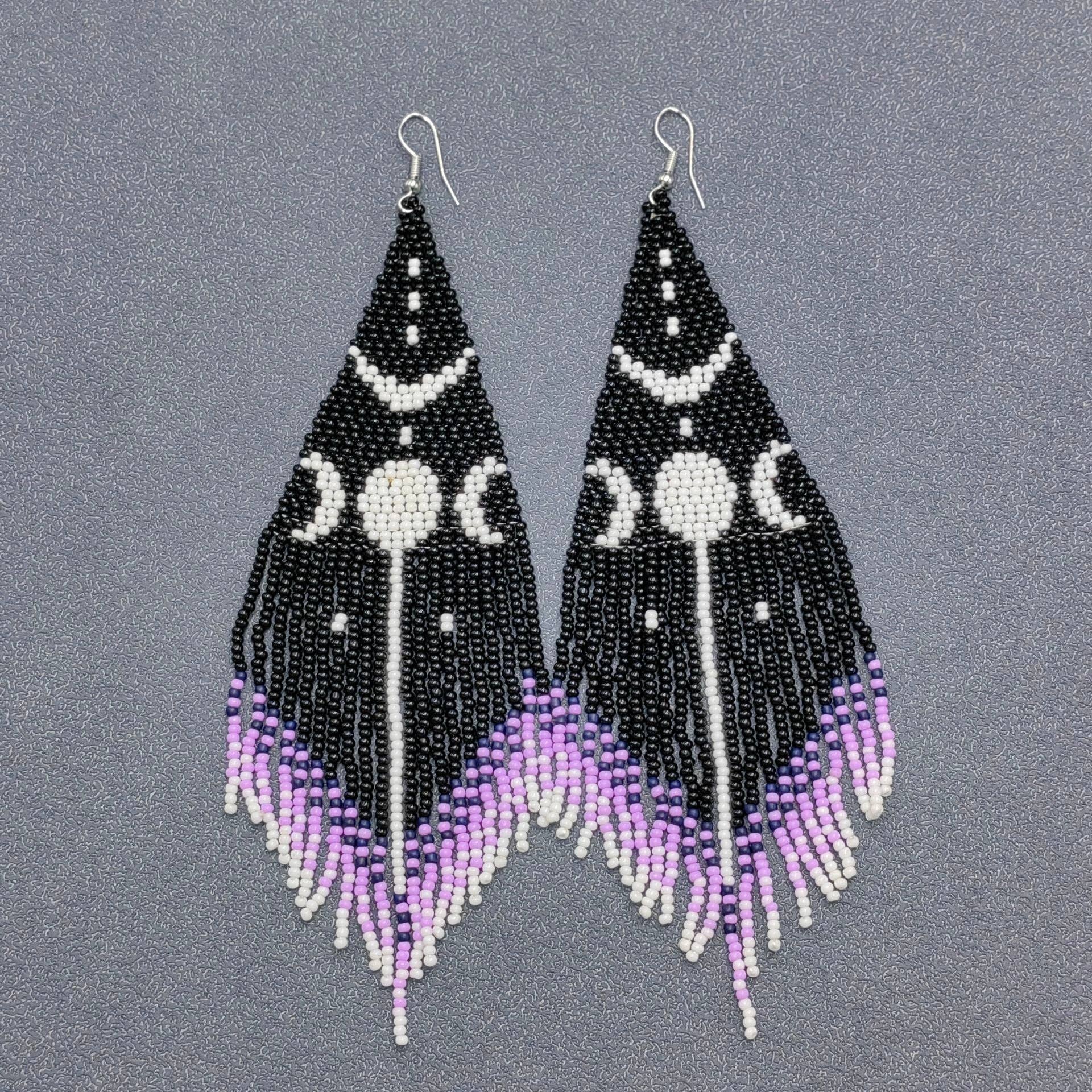 Sun Moon Seed Beads Fringe Dangle Earrings - BJ/SB/MS - Spiral Circle