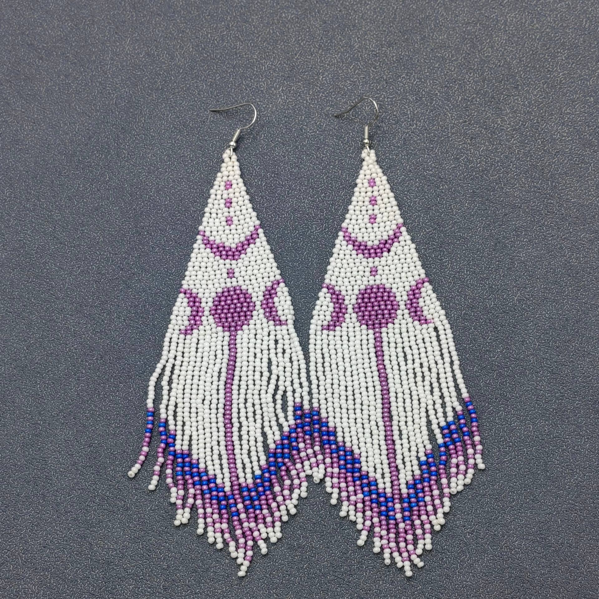 Sun Moon Seed Beads Fringe Dangle Earrings - BJ/SB/MS - Spiral Circle