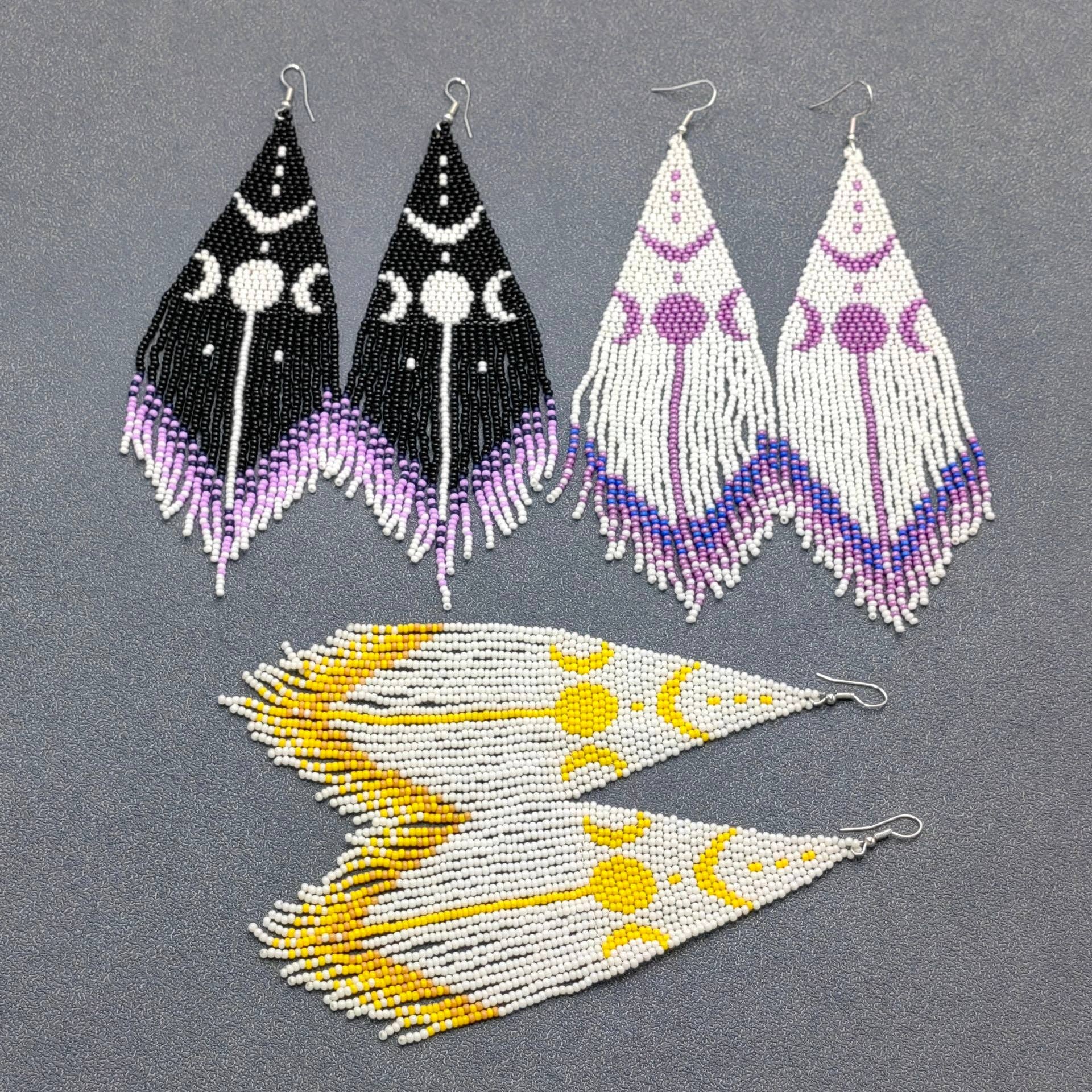 Sun Moon Seed Beads Fringe Dangle Earrings - BJ/SB/MS - Spiral Circle