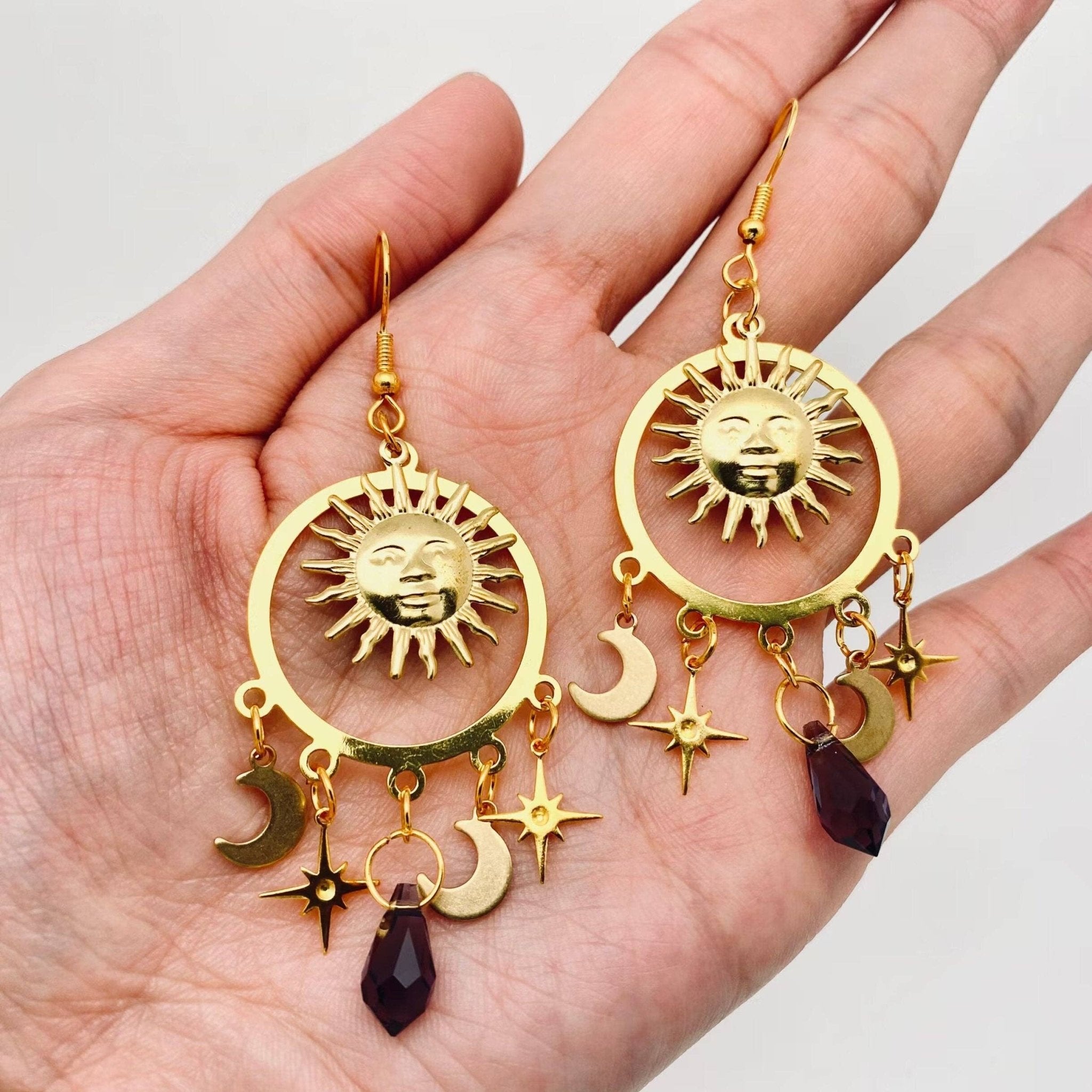 Sun Star Moon Earrings - Spiral Circle
