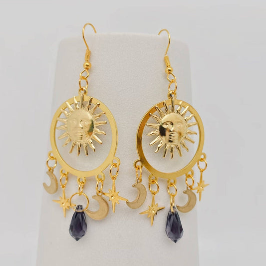 Sun Star Moon Earrings - Spiral Circle