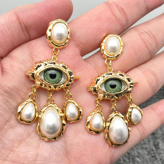Temperament Evil Eye & Pearl Charm Dangle Earrings - Spiral Circle