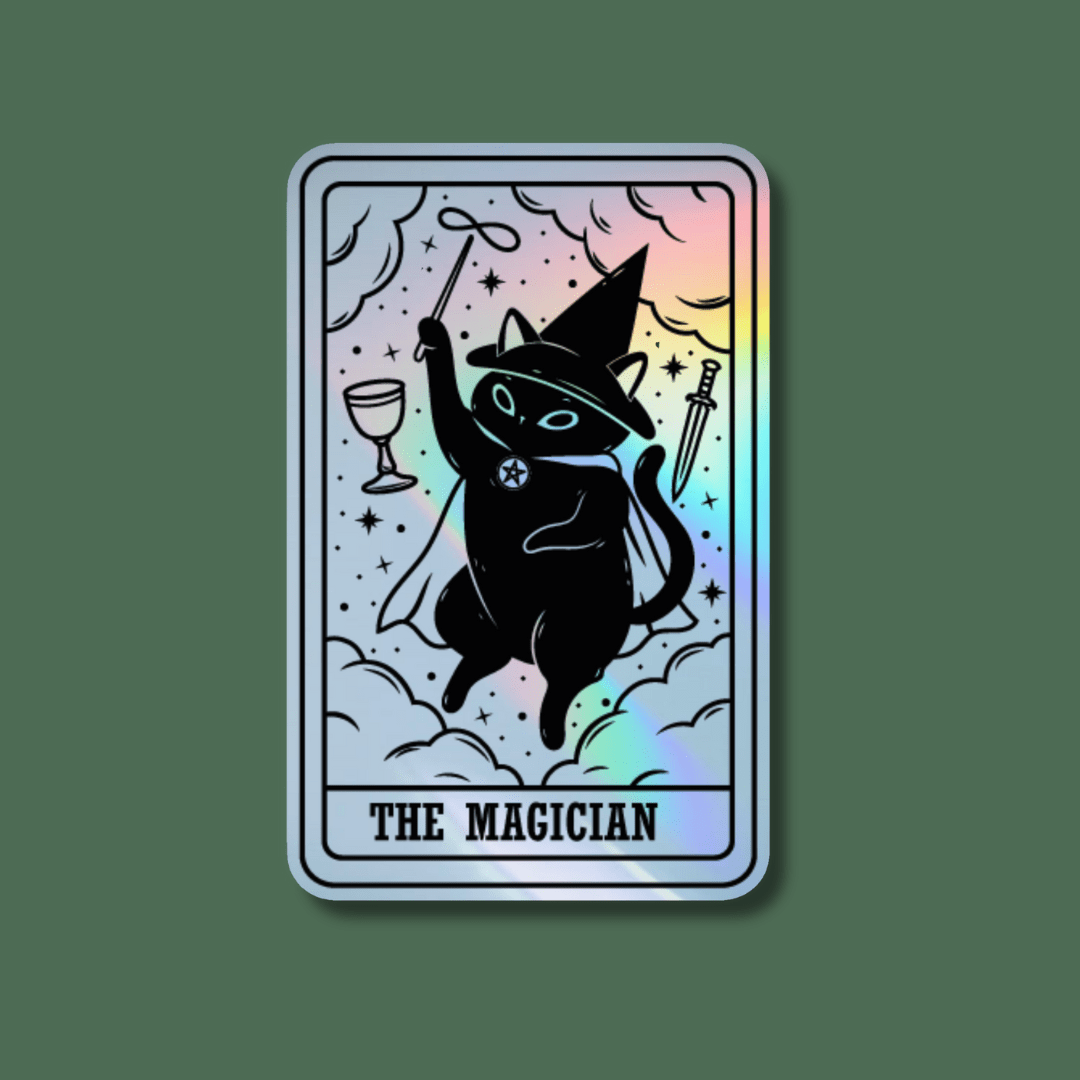 The Magician Black Cat Tarot Card Holographic Sticker - Spiral Circle