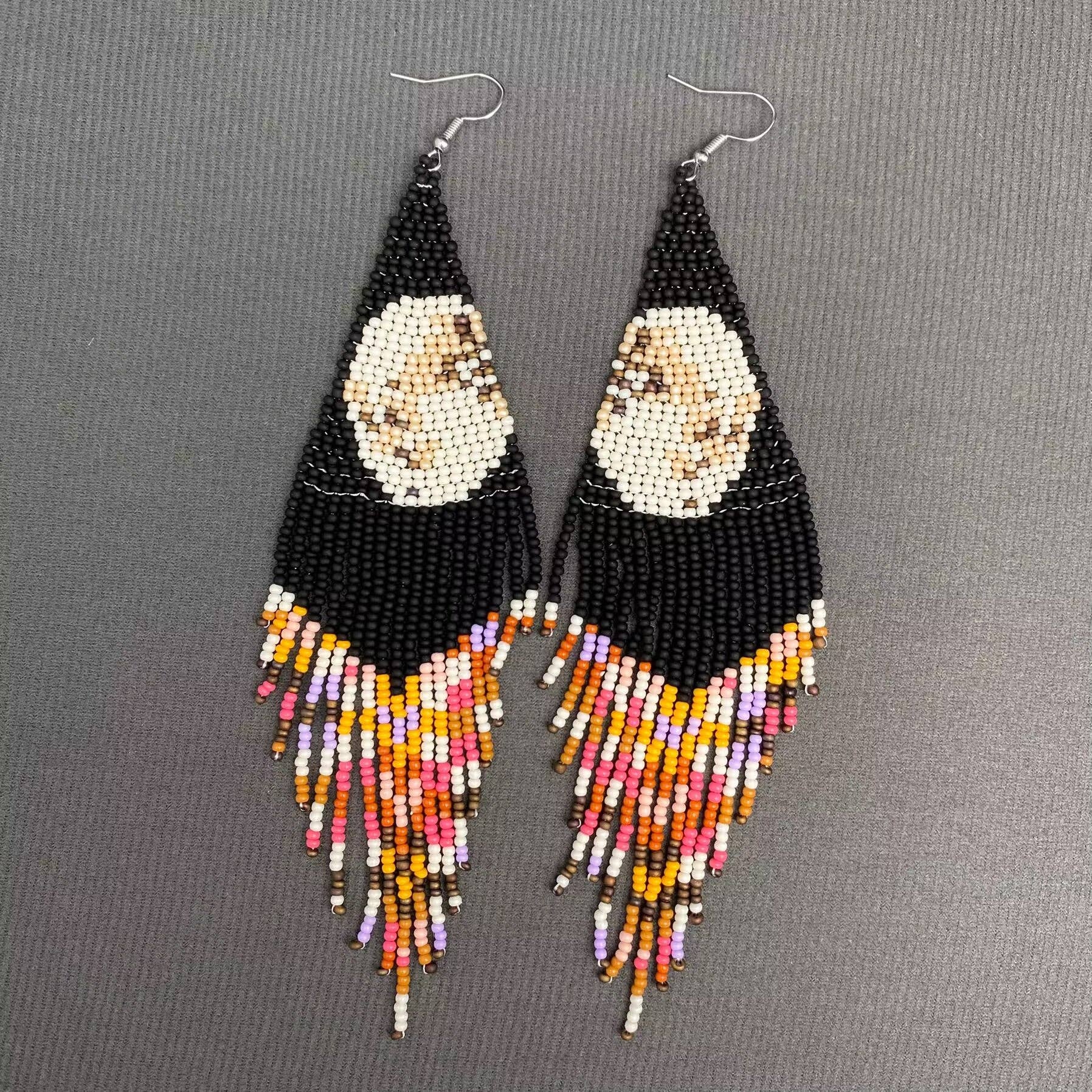 The Moon In The Night Sky Seed Beads Fringe Earrings - Spiral Circle