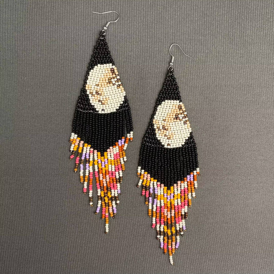 The Moon In The Night Sky Seed Beads Fringe Earrings - Spiral Circle