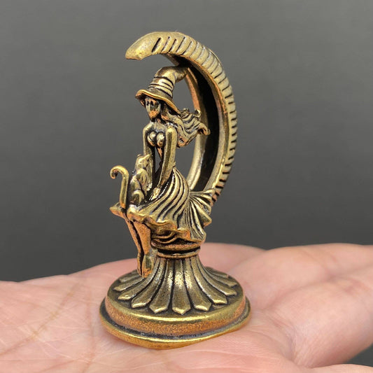 The Witch and Cat On The Moon | Brass Figurine - Spiral Circle