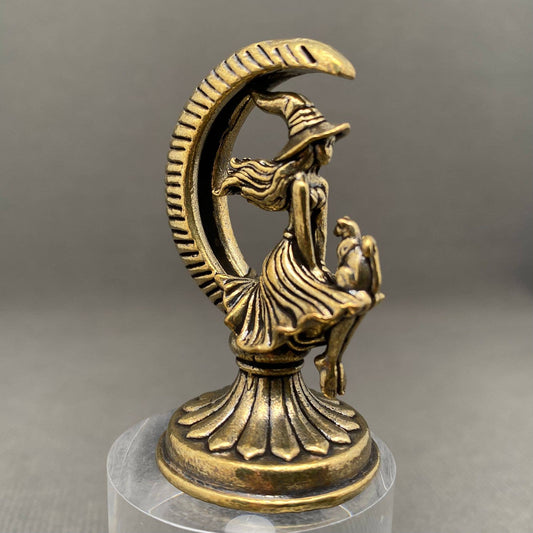 The Witch and Cat On The Moon | Brass Figurine - Spiral Circle