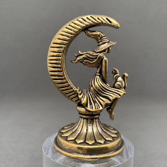 The Witch and Cat On The Moon | Brass Figurine - Spiral Circle