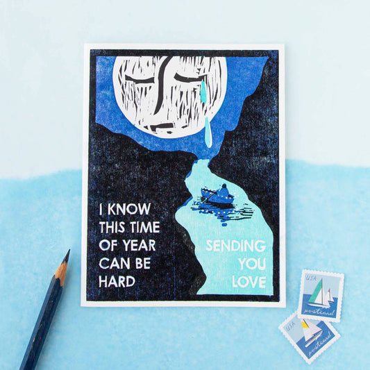 This Time of Year (Crying Moon) Letterpress Sympathy Card - Spiral Circle