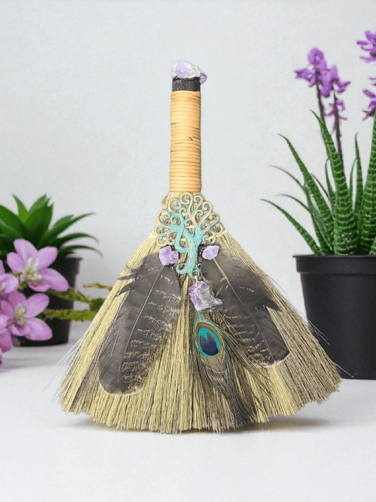 Tree of Life with Amethyst, Turkey Feather & Peacock Feather | Altar Broom 12" - Spiral Circle
