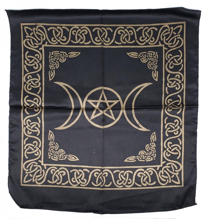 Triple Moon with Pentagram Altar Cloth Golden print on Black 21x21