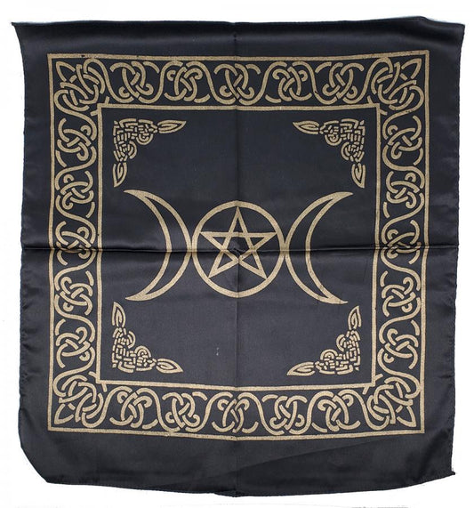 Triple Moon with Pentagram Altar Cloth Golden print on Black 21x21" - Spiral Circle