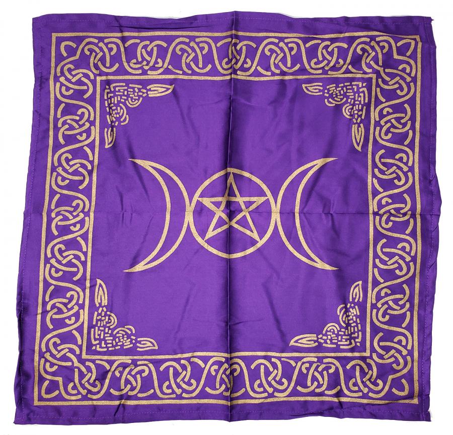 Triple Moon with Pentagram Altar Cloth Golden print on Purple Satin 21x21
