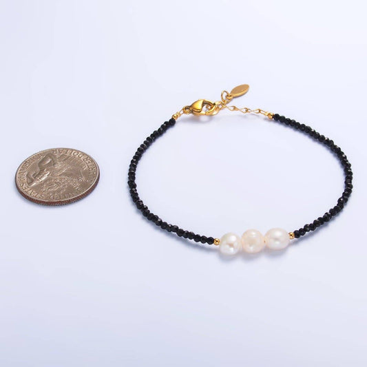 Triple Shell Pearl Onyx Gemstone Bracelet - Spiral Circle