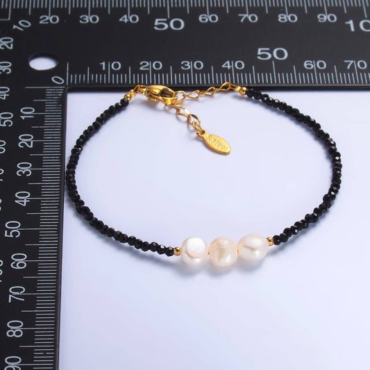 Triple Shell Pearl Onyx Gemstone Bracelet - Spiral Circle