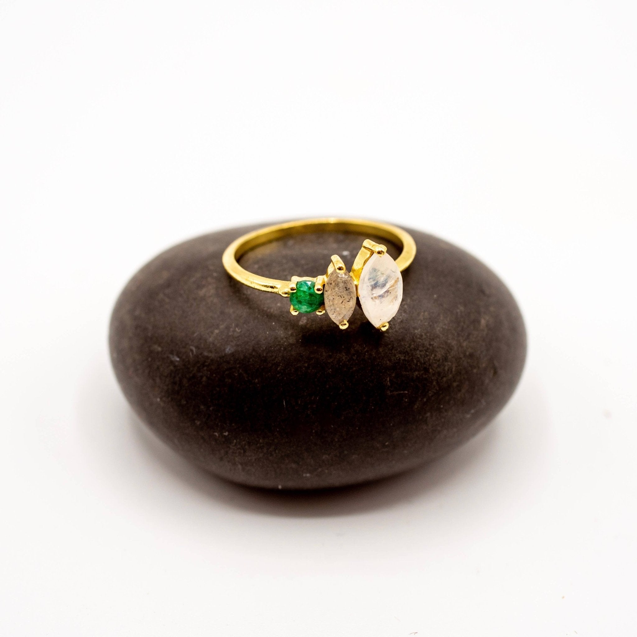 Triple Stone Brass Ring - Spiral Circle