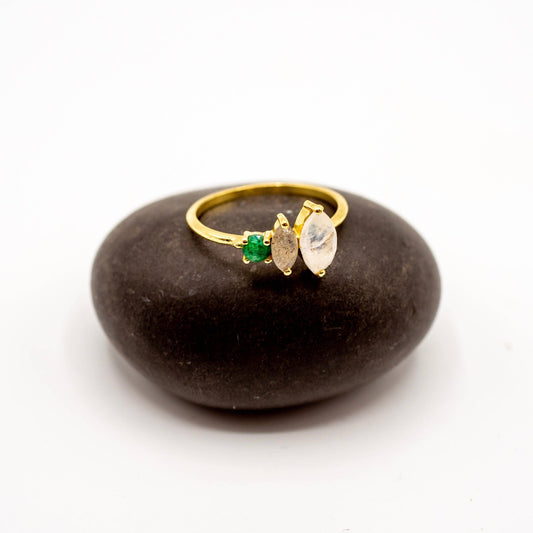 Triple Stone Brass Ring - Spiral Circle