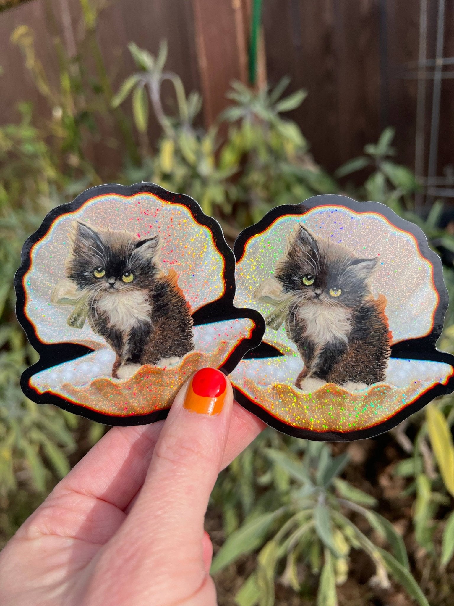 Tuxedo Kitty in Seashell STICKER 3 Inch - Spiral Circle