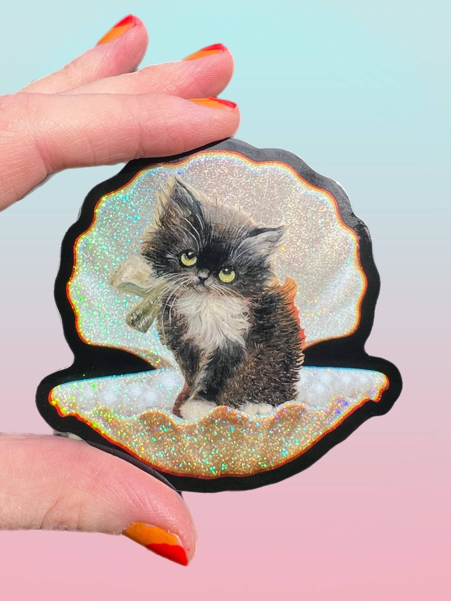 Tuxedo Kitty in Seashell STICKER 3 Inch - Spiral Circle