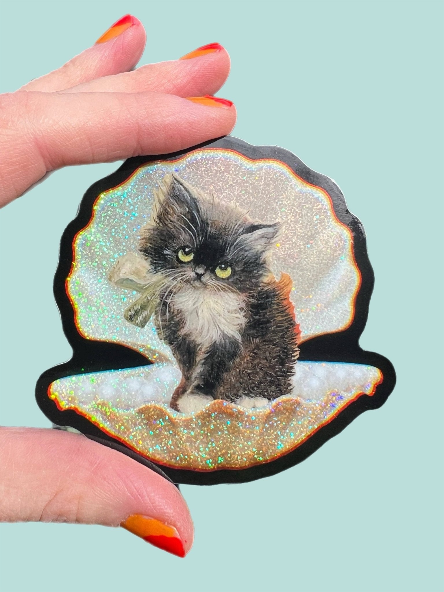 Tuxedo Kitty in Seashell STICKER 3 Inch - Spiral Circle