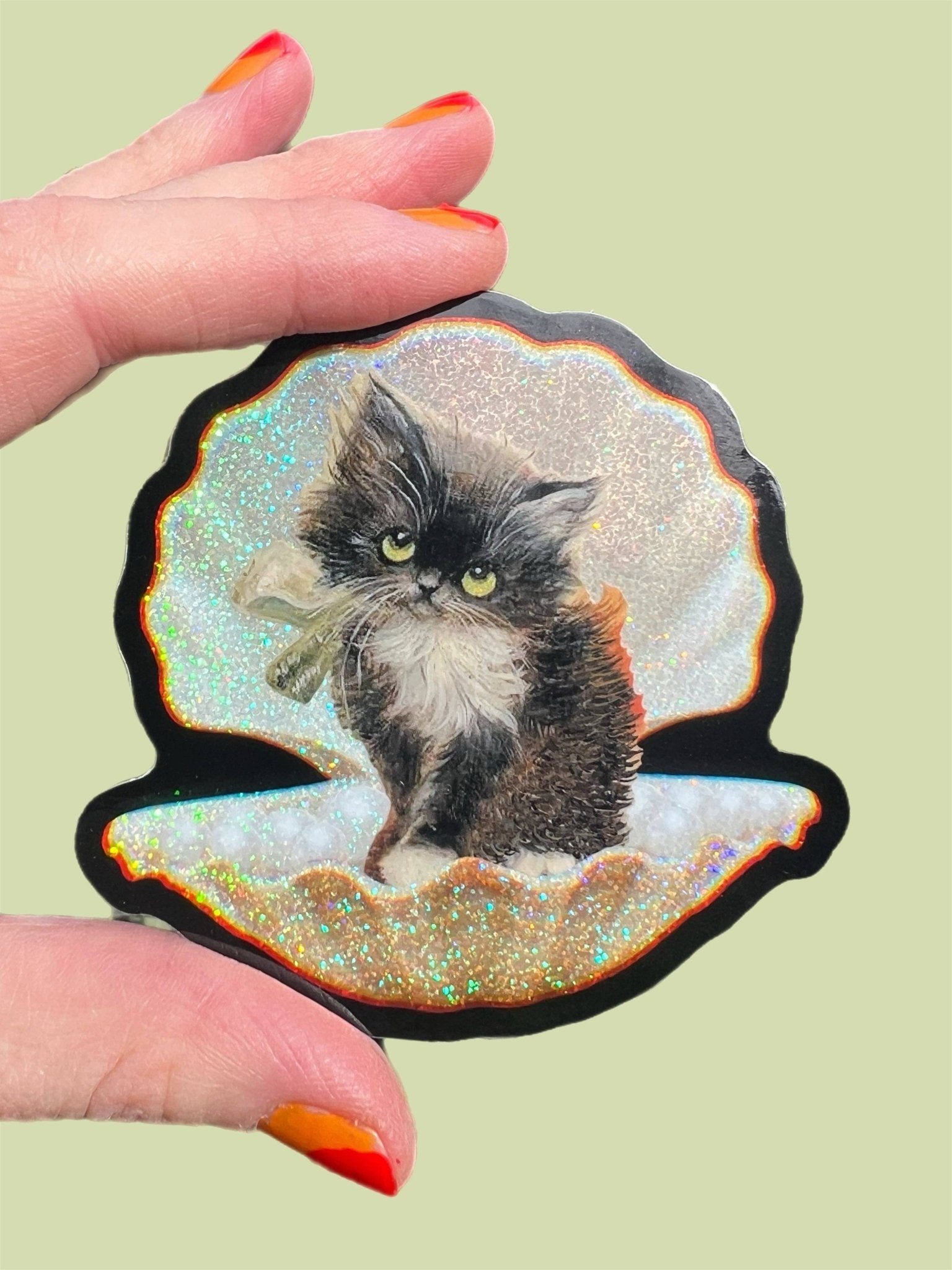 Tuxedo Kitty in Seashell STICKER 3 Inch - Spiral Circle