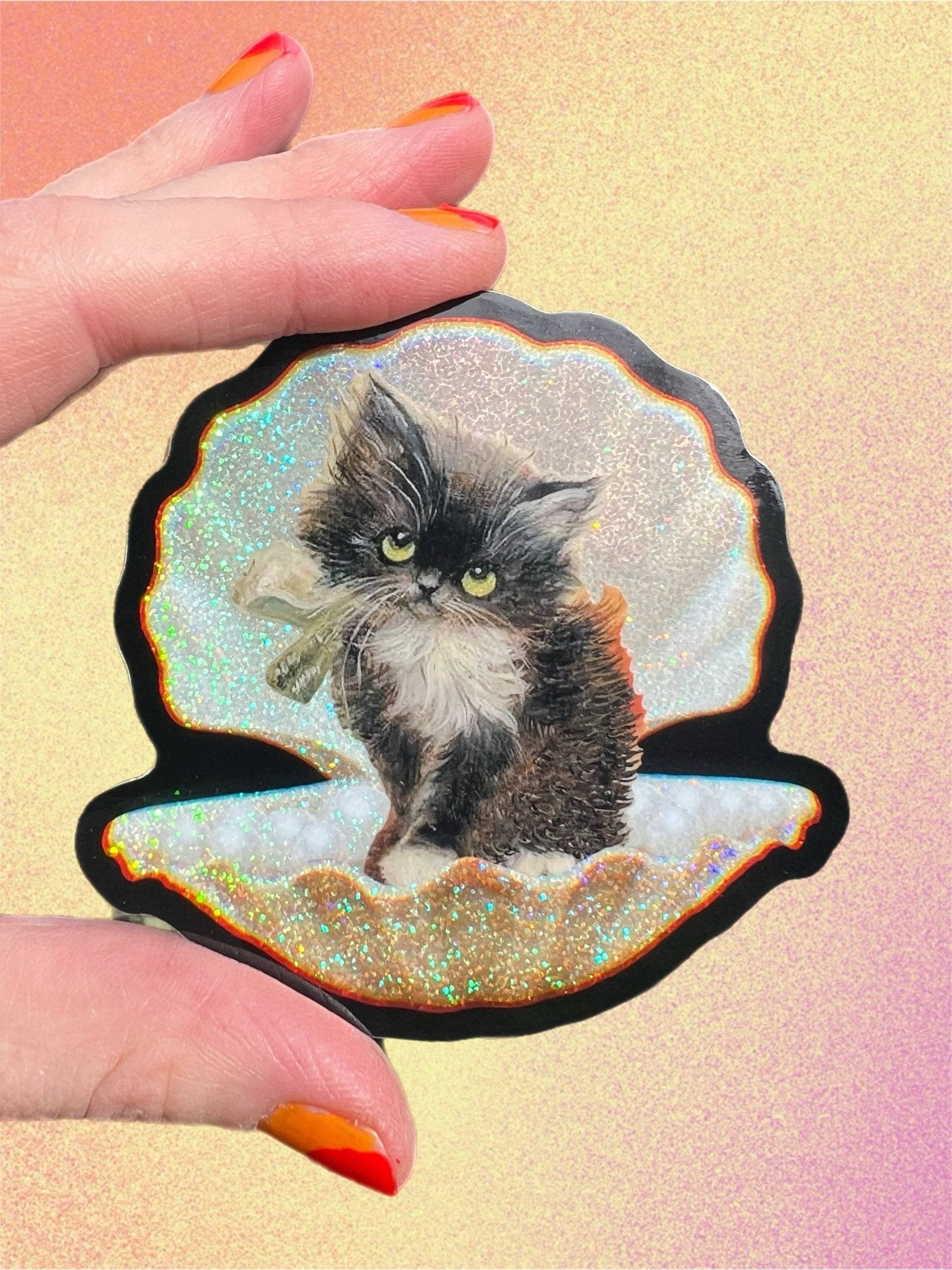Tuxedo Kitty in Seashell STICKER 3 Inch - Spiral Circle