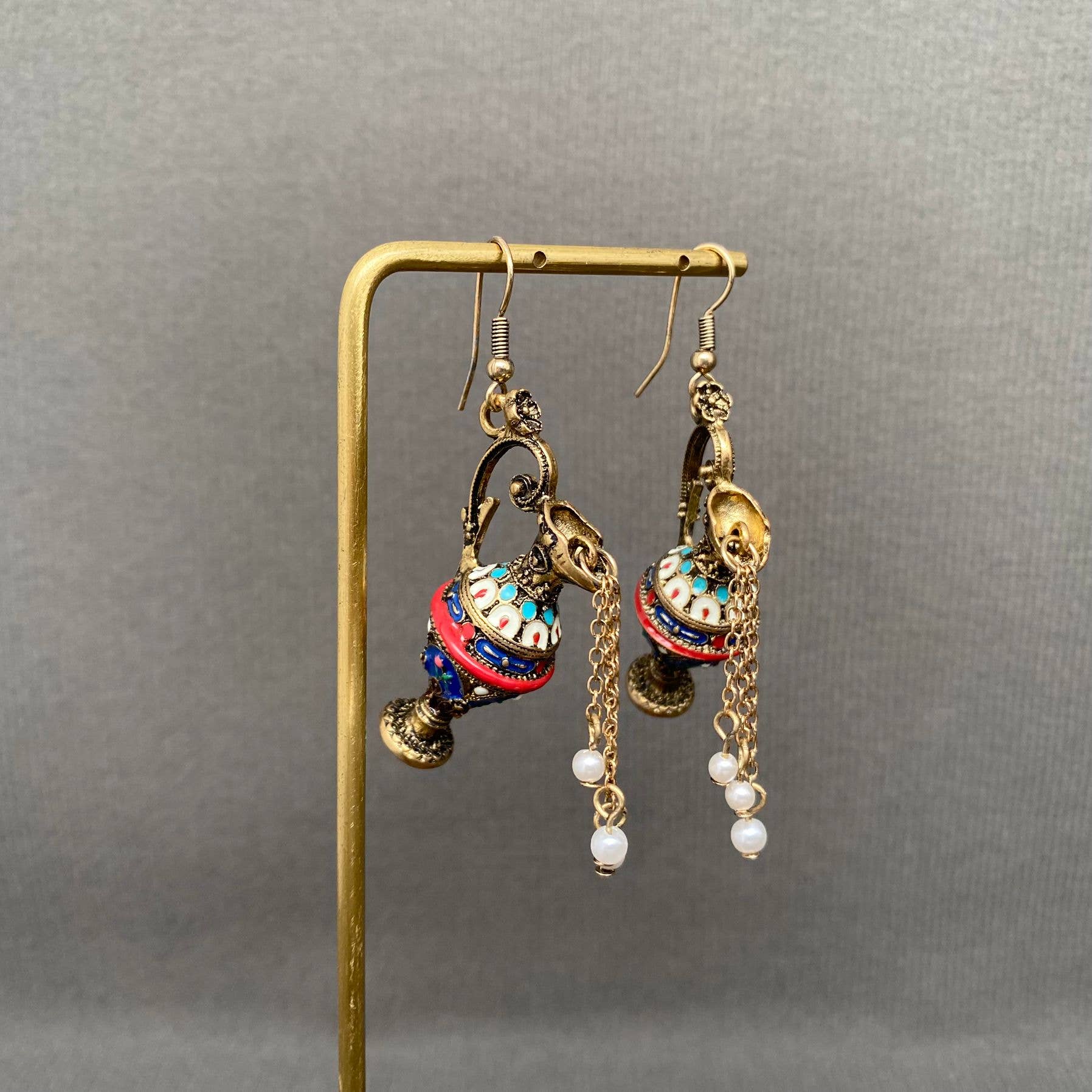 Vintage Enamel Flagon Dangle Earrings - Spiral Circle