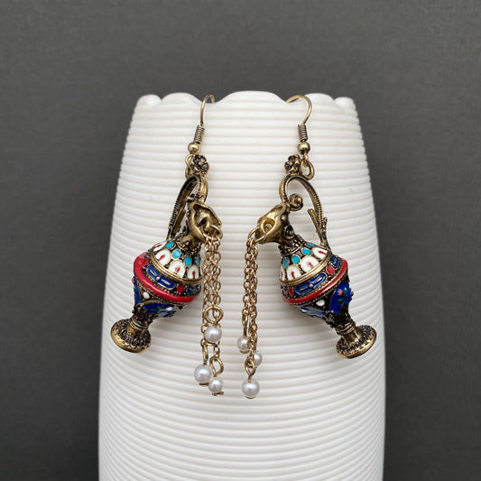 Vintage Enamel Flagon Dangle Earrings - Spiral Circle