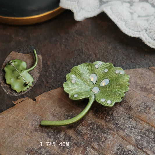 Vintage Enamel Leaf Pin Brooch - Spiral Circle