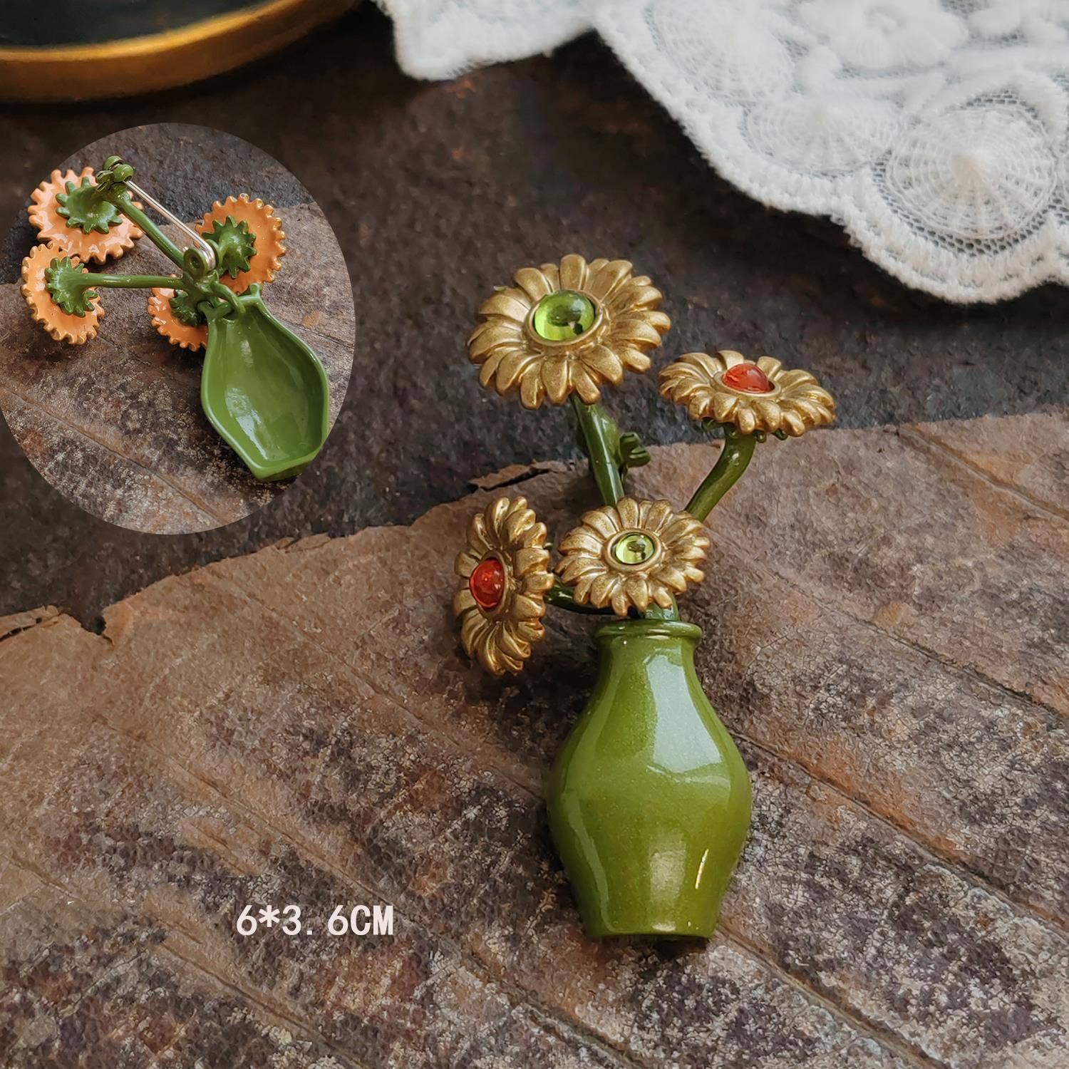 Vintage Enamel Leaf Pin Brooch - Spiral Circle