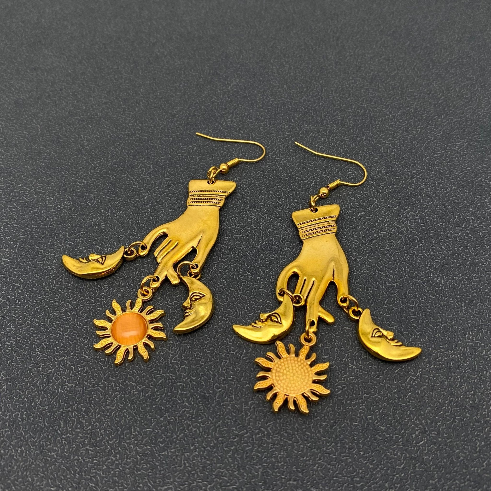 Vintage, Golden Star Moon & Hand Dangle Earrings - Spiral Circle
