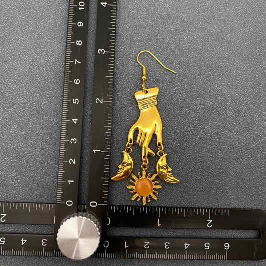 Vintage, Golden Star Moon & Hand Dangle Earrings - Spiral Circle