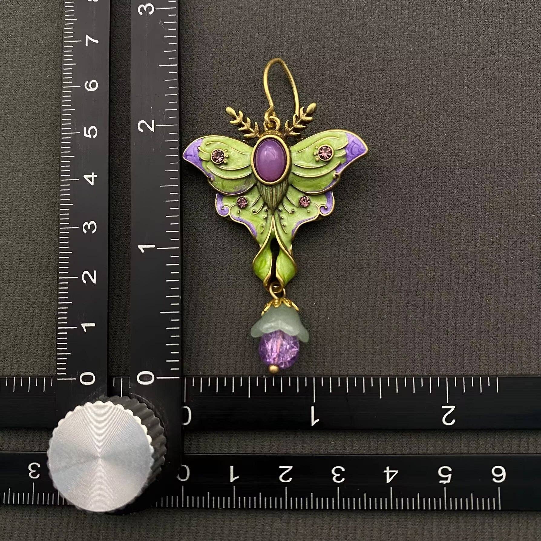 Vintage Green Enamel Moth Dangle Earrings - Spiral Circle